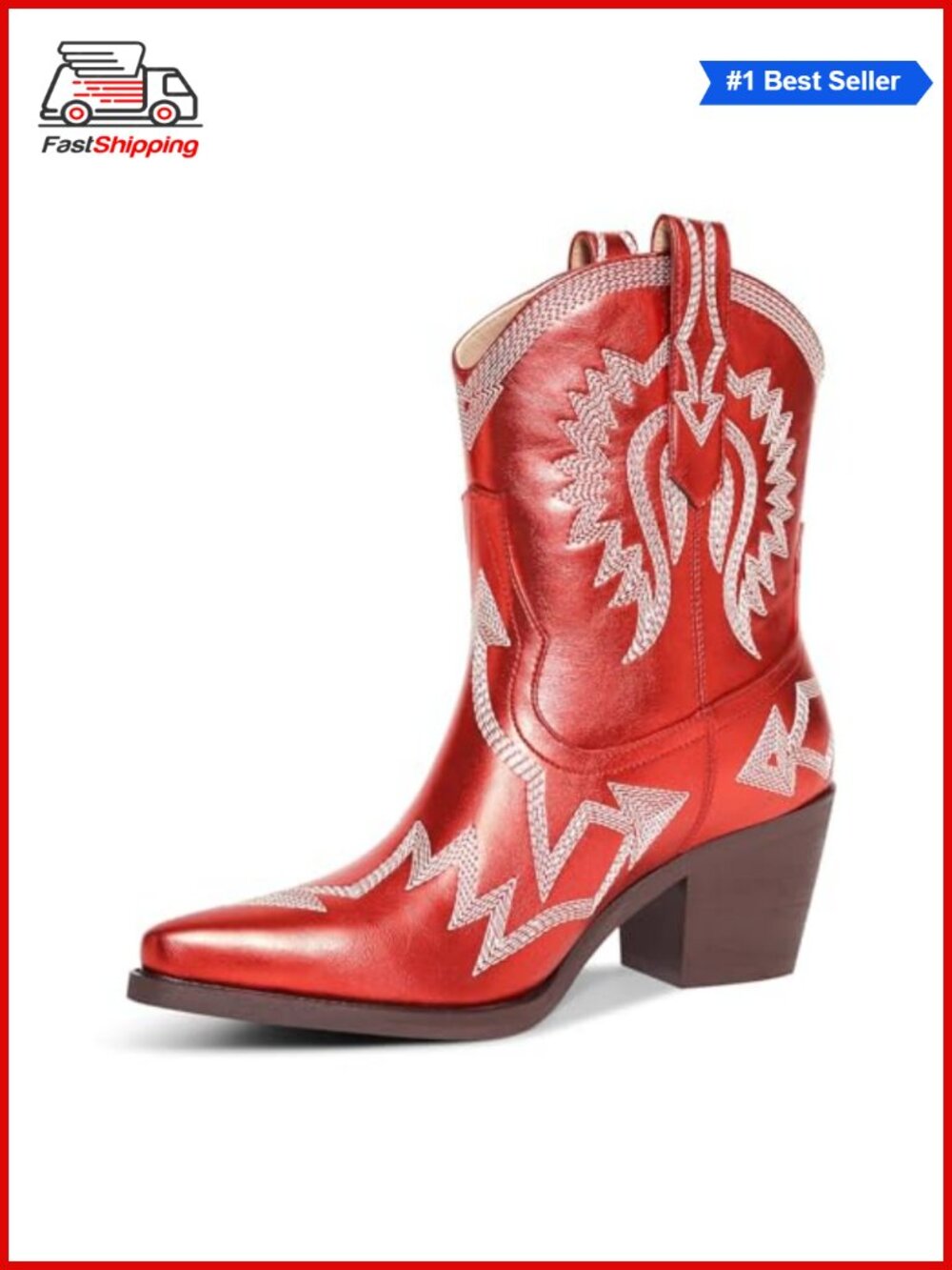 ✨ Western Ankle Cowboy Boots Chunky Pointed Toe Wide Calf Metallic PU Embroidery
